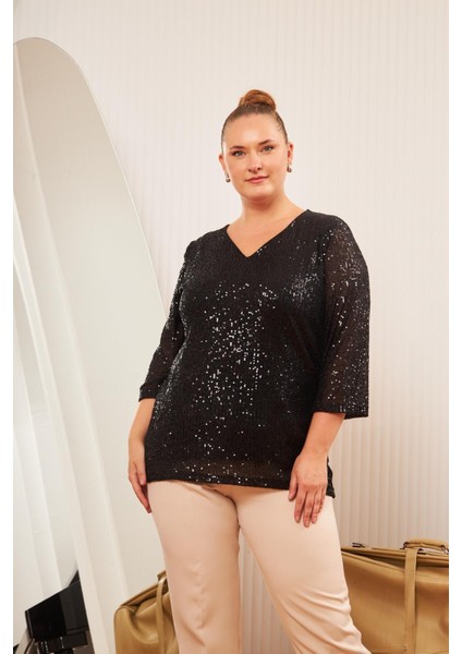 BÜYÜK BEDEN PUL PAYET BLUZ SİYAH