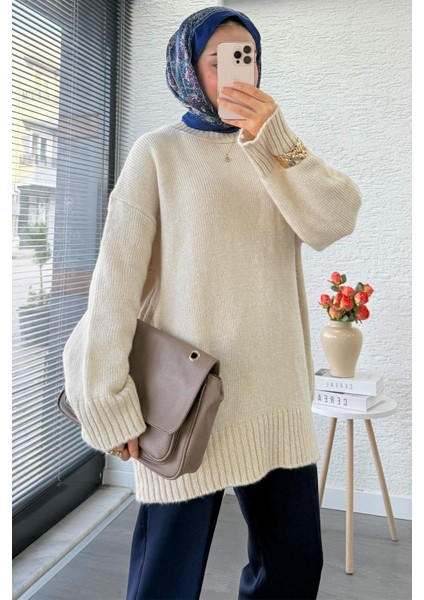 Kadın Bisiklet Yaka Oversize Kazak - Taş