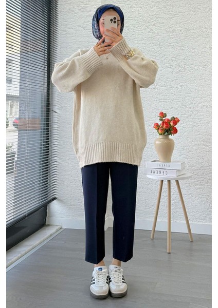 Kadın Bisiklet Yaka Oversize Kazak - Taş fiyatları