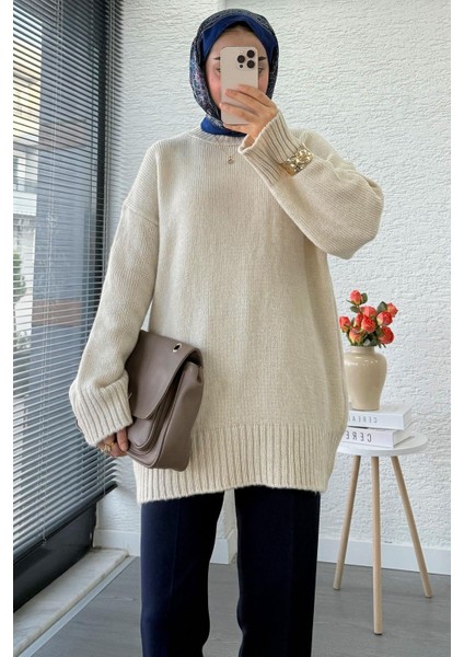 Kadın Bisiklet Yaka Oversize Kazak - Taş modelleri