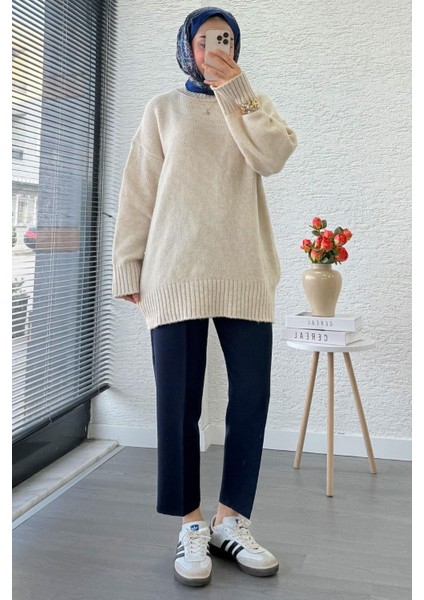 Kadın Bisiklet Yaka Oversize Kazak - Taş fırsatları