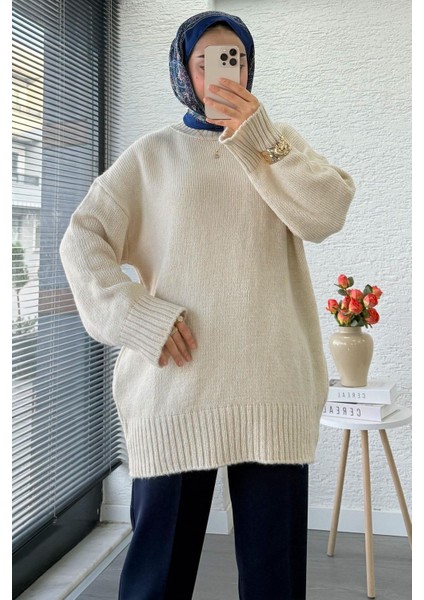 Kadın Bisiklet Yaka Oversize Kazak - Taş indirimleri