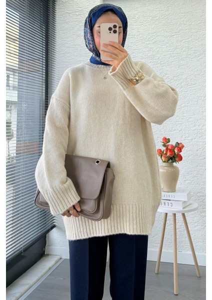 Kadın Bisiklet Yaka Oversize Kazak - Taş