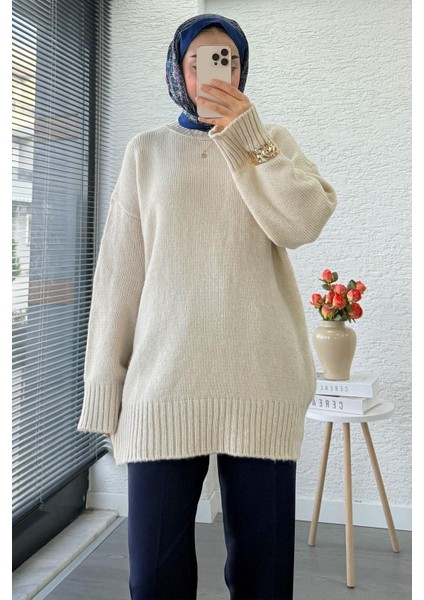 Kadın Bisiklet Yaka Oversize Kazak - Taş