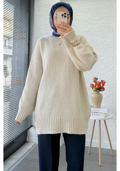 Kadın Bisiklet Yaka Oversize Kazak - Taş