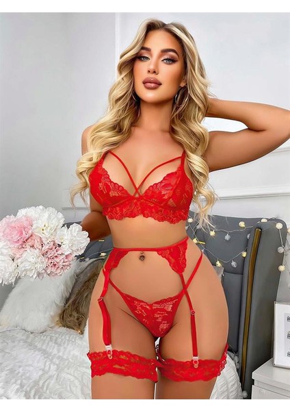 Özel Tasarım Kırmızı Göğüs Ip Detaylı Dantel Işlemelı Fantezı Jartıyer Takımı