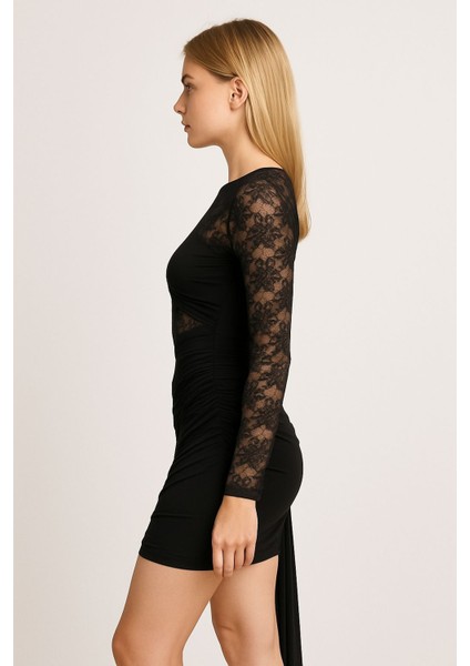 Kadın Siyah Dantel Bel Dekolteli Sarkıntılı Yeniyıl Yılbaşı Elbise fiyatları