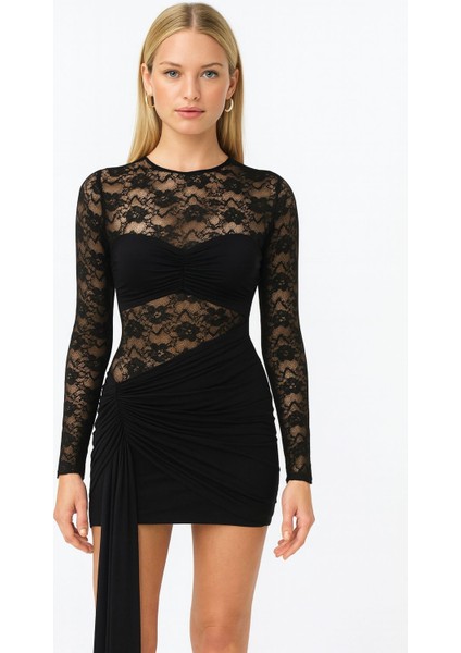 Kadın Siyah Dantel Bel Dekolteli Sarkıntılı Yeniyıl Yılbaşı Elbise modelleri