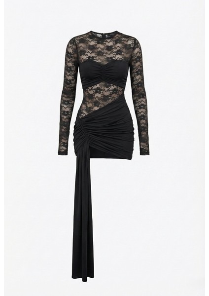 Kadın Siyah Dantel Bel Dekolteli Sarkıntılı Yeniyıl Yılbaşı Elbise fırsatları