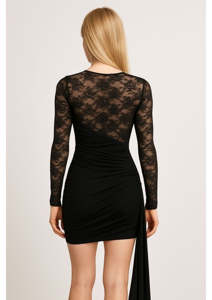 Kadın Siyah Dantel Bel Dekolteli Sarkıntılı Yeniyıl Yılbaşı Elbise indirimleri
