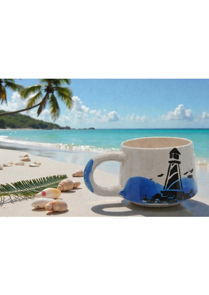 Deniz Feneri Desenli El Yapımı Seramik Kupa Kahve ve Çay Fincanı Kupa Mug 250ML