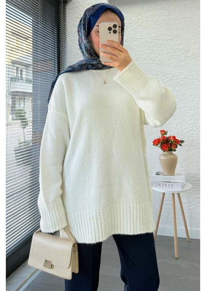 Kadın Bisiklet Yaka Oversize Kazak - Ekru