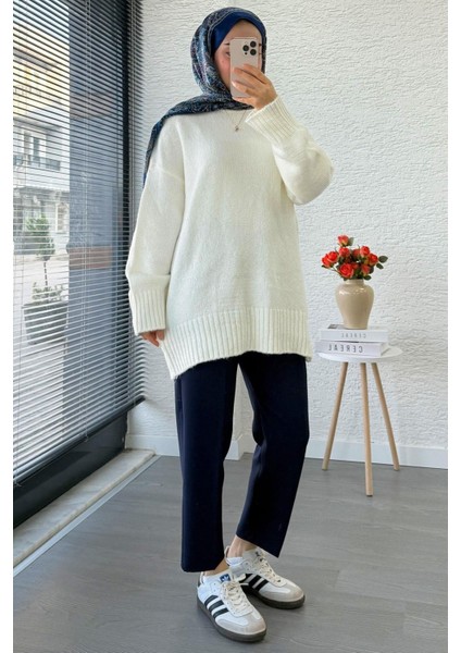 Kadın Bisiklet Yaka Oversize Kazak - Ekru modelleri