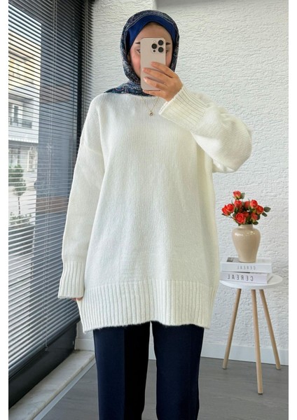 Kadın Bisiklet Yaka Oversize Kazak - Ekru