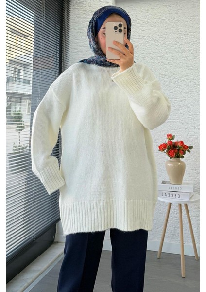 Kadın Bisiklet Yaka Oversize Kazak - Ekru