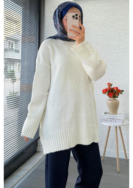 Kadın Bisiklet Yaka Oversize Kazak - Ekru