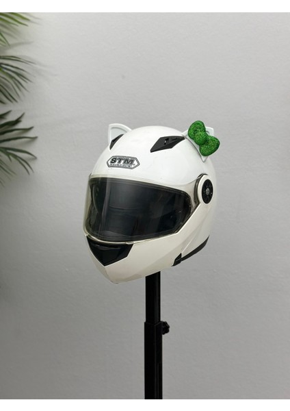 Motor & Motosiklet Yeşil Fiyonklu Beyaz Kedi Kulak Kask Dış Aksesuarı