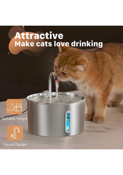 Sensörlü 2.2 L Göstergeli Paslanmaz Çelik Kedi Köpek Için Su Pınarı Su Çeşmesi Su Sebili S12