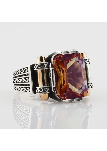 925 Ayar Gümüş Zultanit Taşlı Renk Değiştiren Mermi Desenli Erkek Yüzük