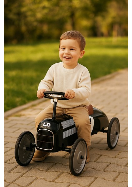 Metal Gövdeli Siyah Vintage Klasik Araba Çocuk Sürüş Oyuncağı Pedalsız Minik Araba