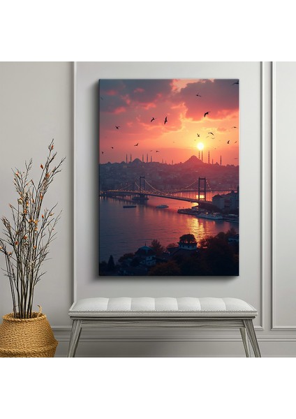 Tekli Dikey Kanvas Tablo Boğaz Köprüsü Gün Batımı Kuş Bakışı Manzara Şehir Manzara Tabloları Ev Ofis Salon Duvar Dekoru