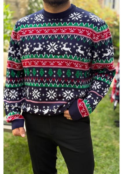 Lacivert-Kırmızı Unisex Christmas Yılbaşı Kazağ