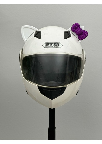 Motor & Motosiklet Mor Fiyonklu Beyaz Kedi Kulak Kask Dış Aksesuarı