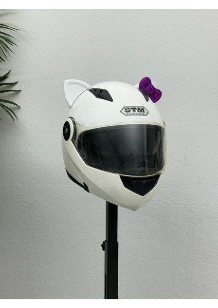 Motor & Motosiklet Mor Fiyonklu Beyaz Kedi Kulak Kask Dış Aksesuarı fırsatları