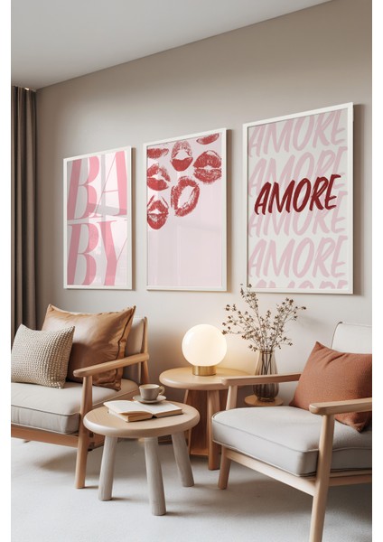 Beyaz Çerçeveli 3’lü Tablo Seti, Baby & Amore – Pembe Tonlar, Yatak Odası Set No: 30001