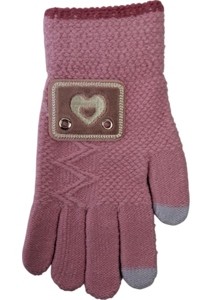 Spteks Kitti 9-12 Yaş Garson Kız Pembe Renk Kalp Arma Figürlü ve Desenli Kışlık Örme Eldiven