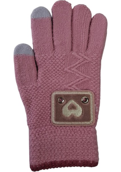 Spteks Kitti 9-12 Yaş Garson Kız Pembe Renk Kalp Arma Figürlü ve Desenli Kışlık Örme Eldiven modelleri
