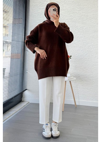 Kadın Bisiklet Yaka Oversize Kazak - Kahverengi