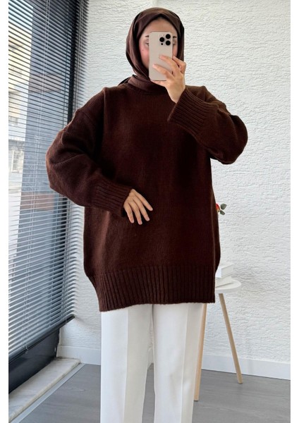 Kadın Bisiklet Yaka Oversize Kazak - Kahverengi fiyatları