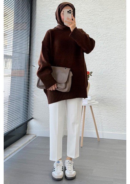 Kadın Bisiklet Yaka Oversize Kazak - Kahverengi modelleri