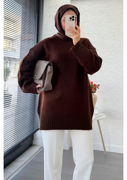 Kadın Bisiklet Yaka Oversize Kazak - Kahverengi fırsatları