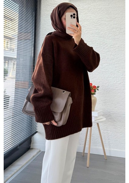 Kadın Bisiklet Yaka Oversize Kazak - Kahverengi indirimleri