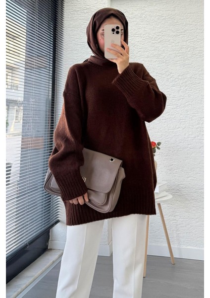 Kadın Bisiklet Yaka Oversize Kazak - Kahverengi