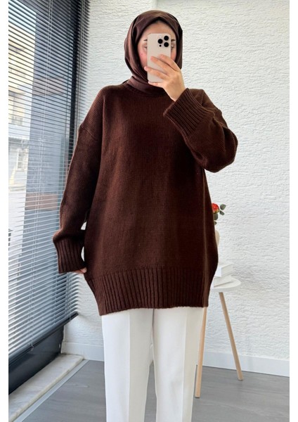 Kadın Bisiklet Yaka Oversize Kazak - Kahverengi