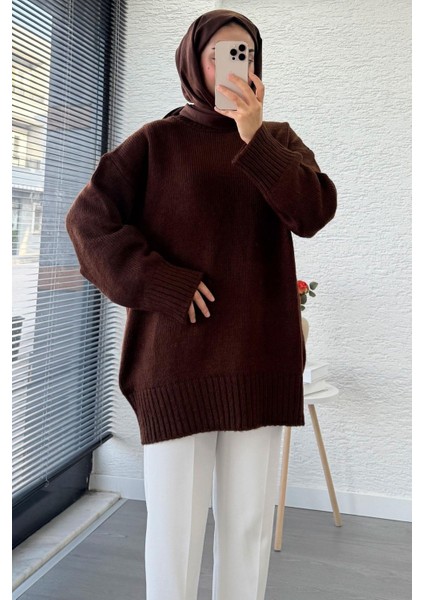 Kadın Bisiklet Yaka Oversize Kazak - Kahverengi