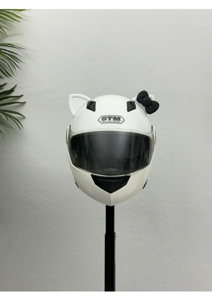 Motor & Motosiklet Siyah Fiyonklu Beyaz Kedi Kulak Kask Dış Aksesuarı