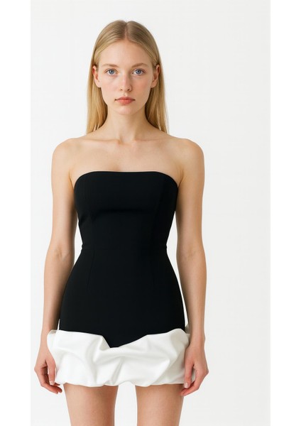 Kadın Siyah Saten Balon Etekli Tasarım Abiye Elbise