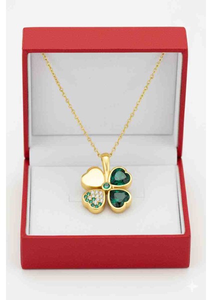 925 Ayar Gümüş Yeşil Taşlı Ters Yonca Kolye fiyatları