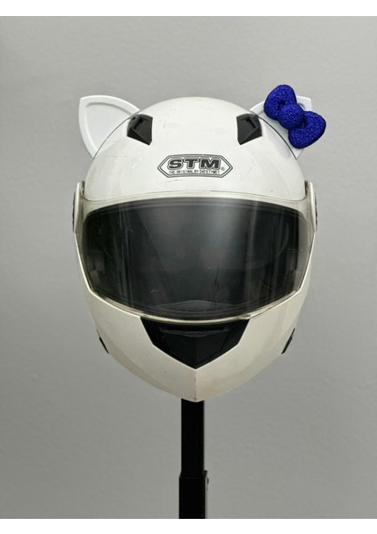 Motor & Motosiklet Koyu Mavi Fiyonklu Beyaz Kedi Kulak Kask Dış Aksesuarı