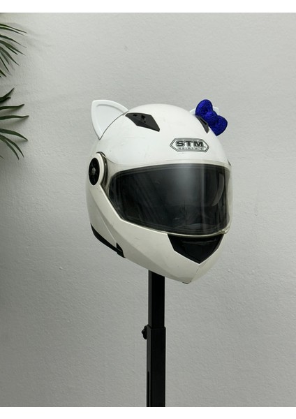 Motor & Motosiklet Koyu Mavi Fiyonklu Beyaz Kedi Kulak Kask Dış Aksesuarı fırsatları