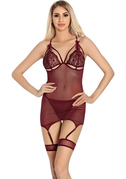 Özel Tasarım Bordo Dantel Işlemelı Göğüs Ip Detaylı Fantezı Jartıyer Takımı