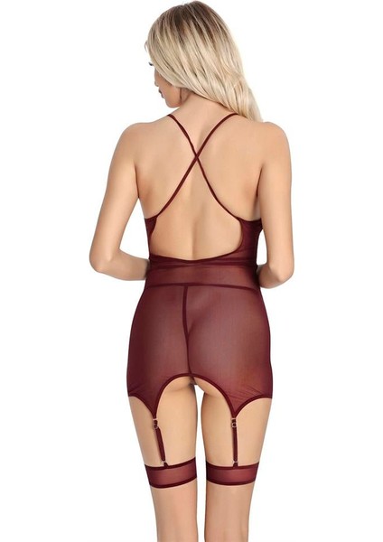 Özel Tasarım Bordo Dantel Işlemelı Göğüs Ip Detaylı Fantezı Jartıyer Takımı fiyatları