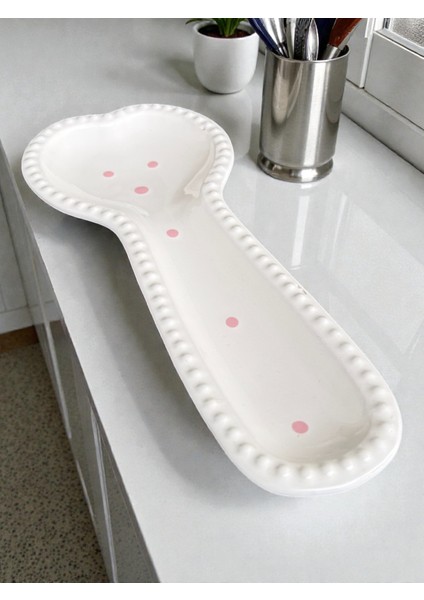 Porselen Tezgah Üstü Kirli Kaşıklık – Kaşık Altlığı – 27 cm Şık ve Pembe Puantiyeli