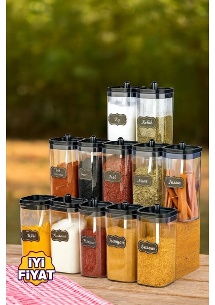 12'li Kapağı Kendinden Kaşıklı ve Etiketli Mika Baharatlık Seti 300 ml Akrilik Baharat Takımı