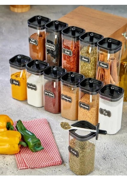 12'li Kapağı Kendinden Kaşıklı ve Etiketli Mika Baharatlık Seti 300 ml Akrilik Baharat Takımı modelleri