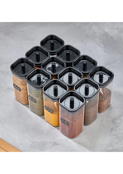 12'li Kapağı Kendinden Kaşıklı ve Etiketli Mika Baharatlık Seti 300 ml Akrilik Baharat Takımı fırsatları